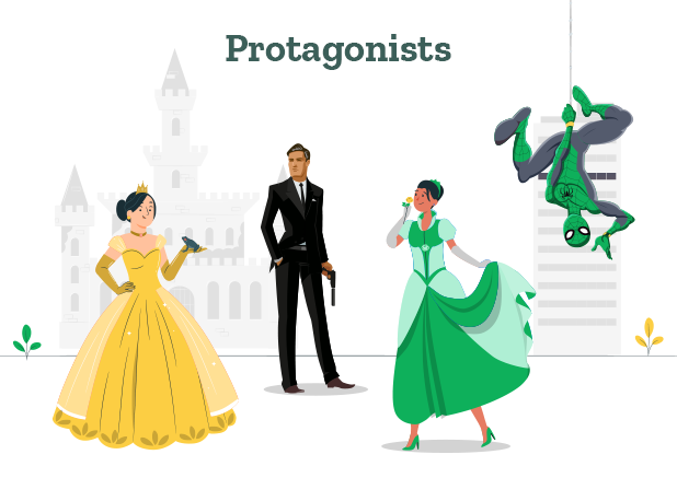 This image displays famous protagonists like Spiderman, the frog princess, James Bond, and Cinderella.