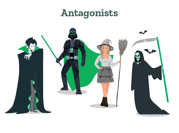 The image displays popular antagonists like Dracula, Darth Vader, the Witch, etc.