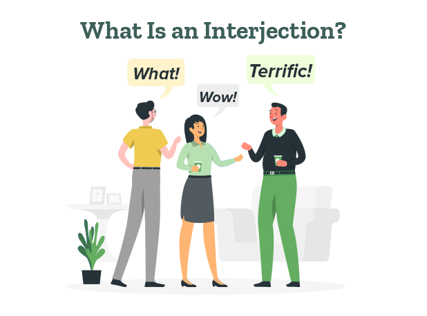 Three students are using interjections while speaking with each other.