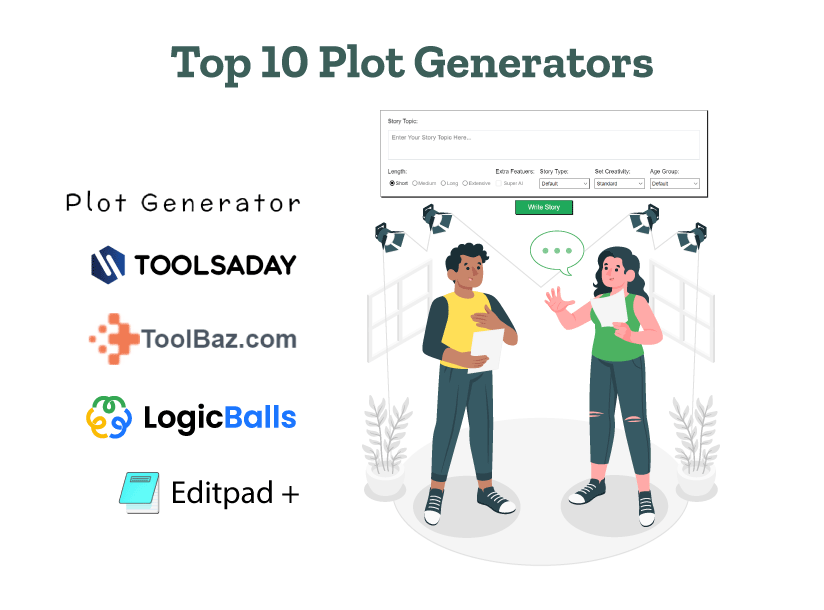 Two writers are discussing plot generators like Plot-Generator.org, Toolsaday, Toolbaz, LogicBalls, and EditPad.