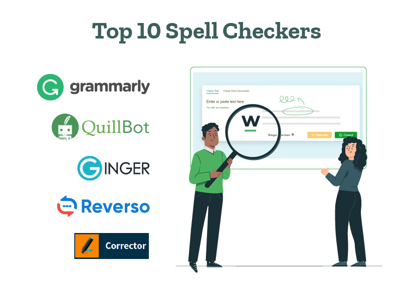 Two students are using spell checkers like Grammarly, QuillBot, Ginger, Reverso, and Corrector.co.