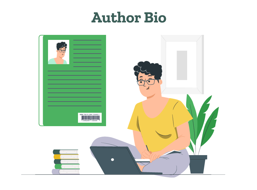 An author is trying to write their author bio after studying several author bio examples for first-time authors.