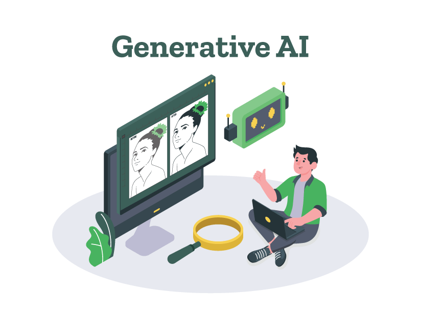 A person is seen generating content using generative AI tools by giving the right AI prompts after studying AI examples.