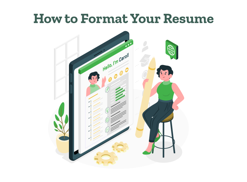 A person is seen thinking about how to format a resume and studying resume format templates and examples.