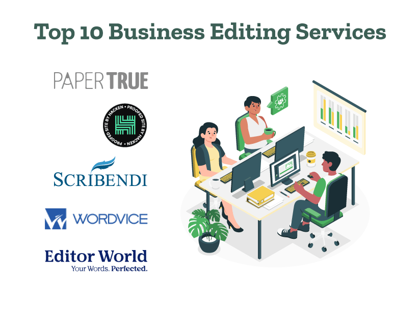 A group is seen discussing the top 10 business editing services and their costs for their professional and business needs.