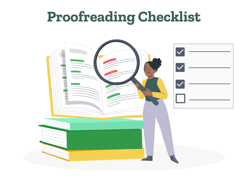 A student is using a proofreading checklist to proofread her paper.