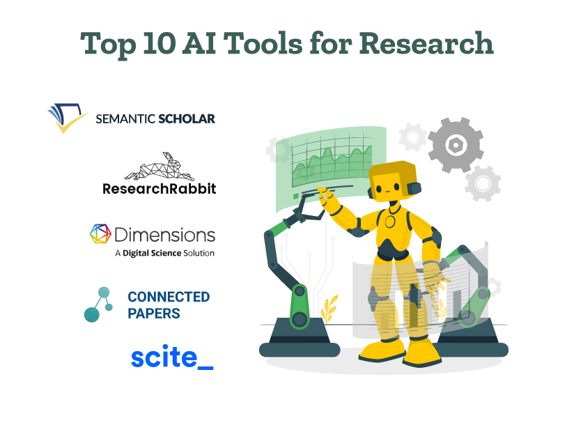 This image shows AI tools for research like Semantic Scholar, Research Rabbit, Dimensions.AI, Connected Papers, etc.