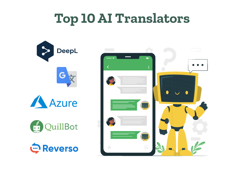 This image displays logos of AI translators like DeepL, Google Translate, Microsoft Azure AI Translator, QuillBot, etc.